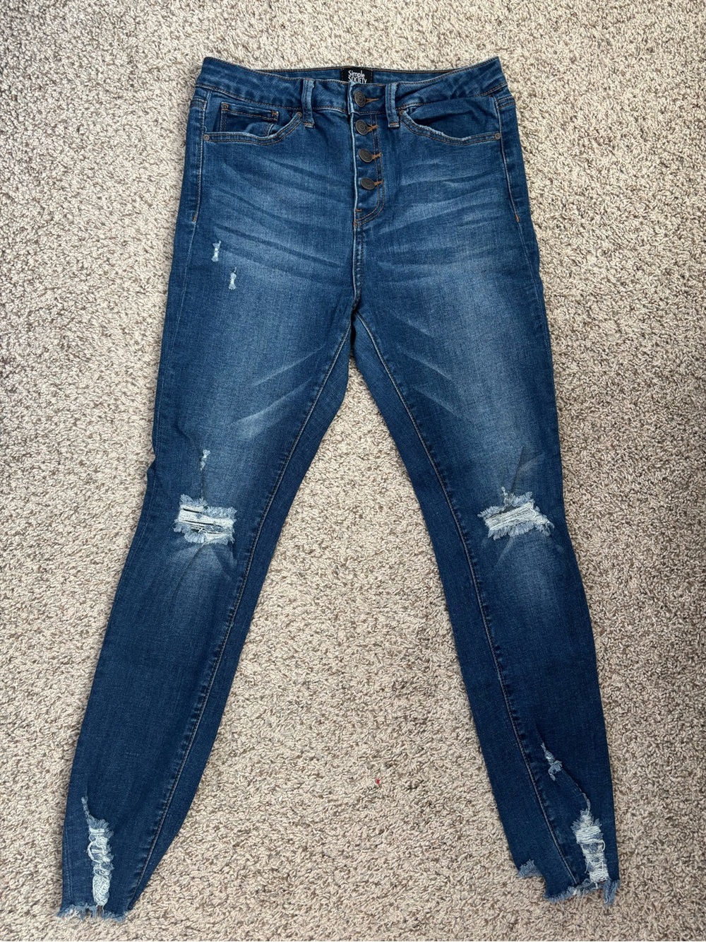 Button-Fly Distressed High-Rise Skinny Jeans - Dark Blue